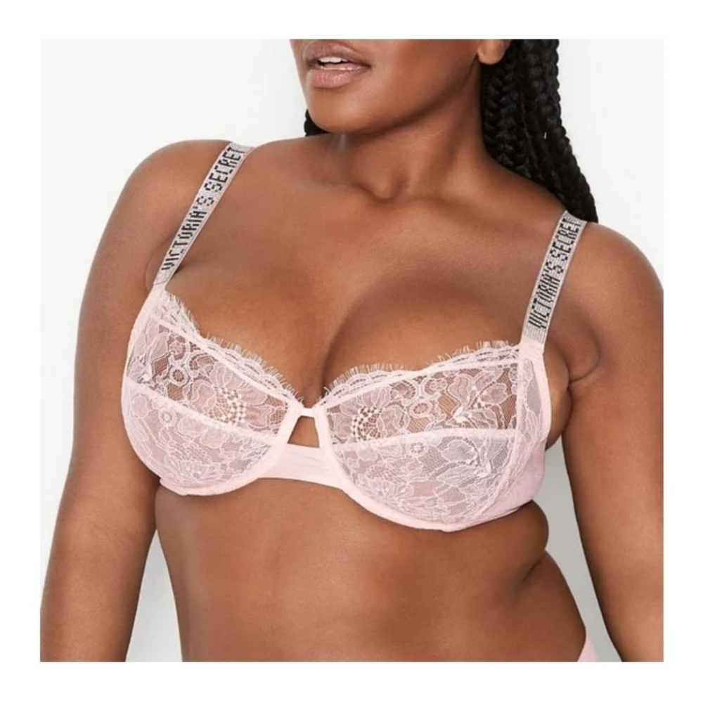NWOT VS Very Sexy Fabulous Pink Lace Shine Bra 38DDD